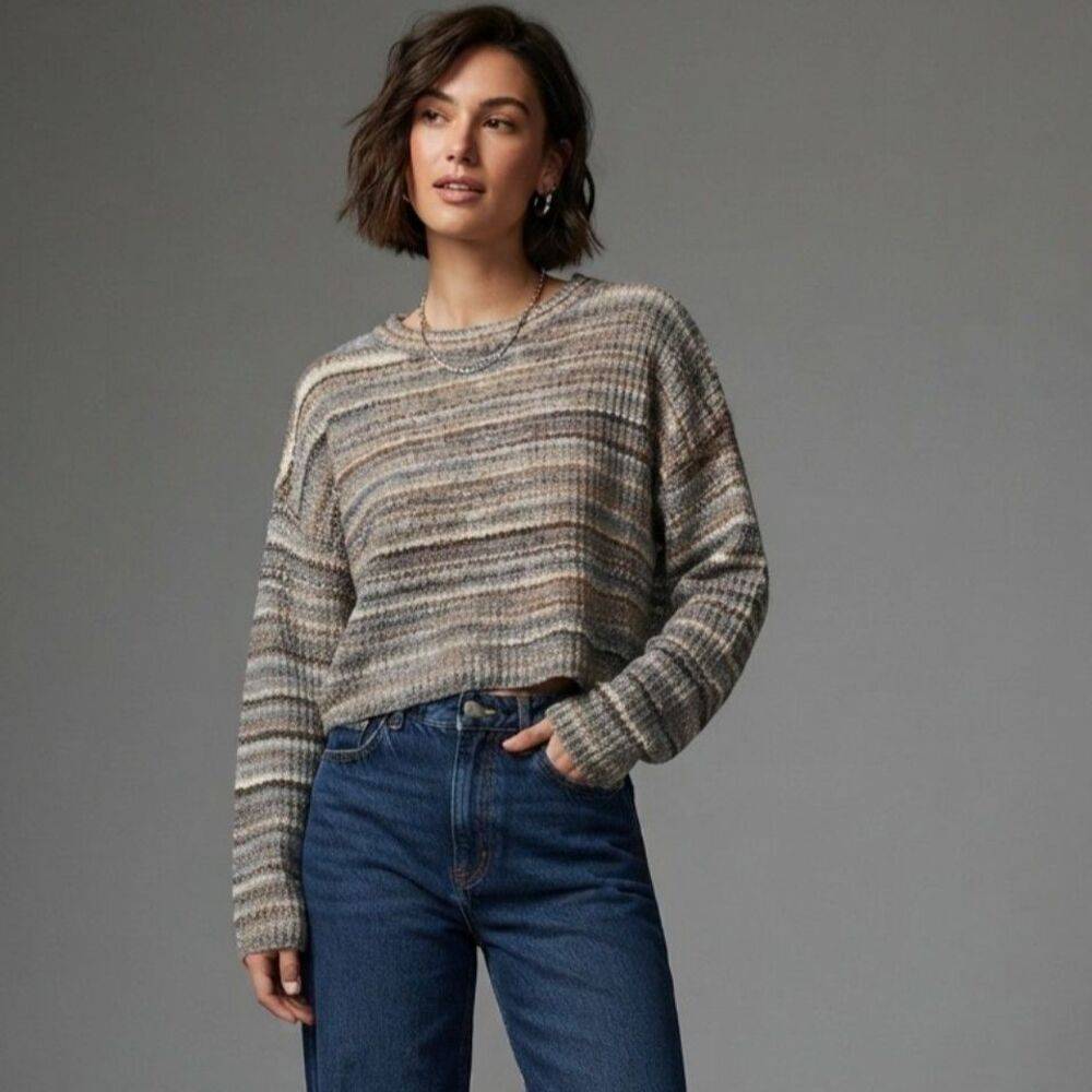 Garage Crop Sweater Women's Size L Beige Gray Striped